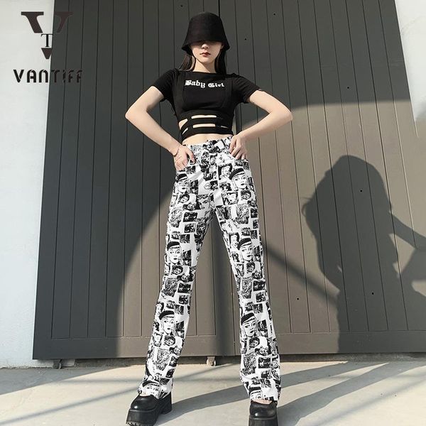 plaace retro women pants european and american autumn and winter new street trendsetter cartoon printed temperament casual, Black;white